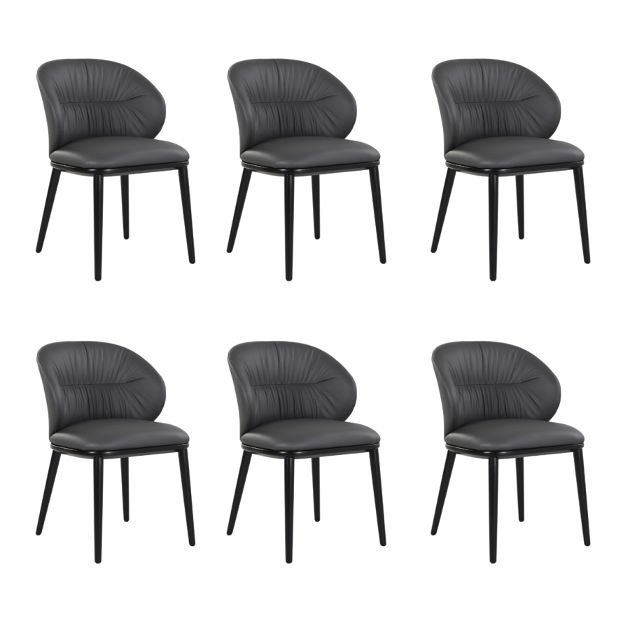 Set of 6 Real Leather Charcoal Dining Chairs with Black Legs - Eren