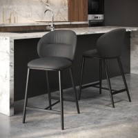 Set of 2 Grey Real Leather Kitchen Stools with Black Legs - Eren Set of 2 Grey Real Leather Kitchen Stools with Black Legs - Eren