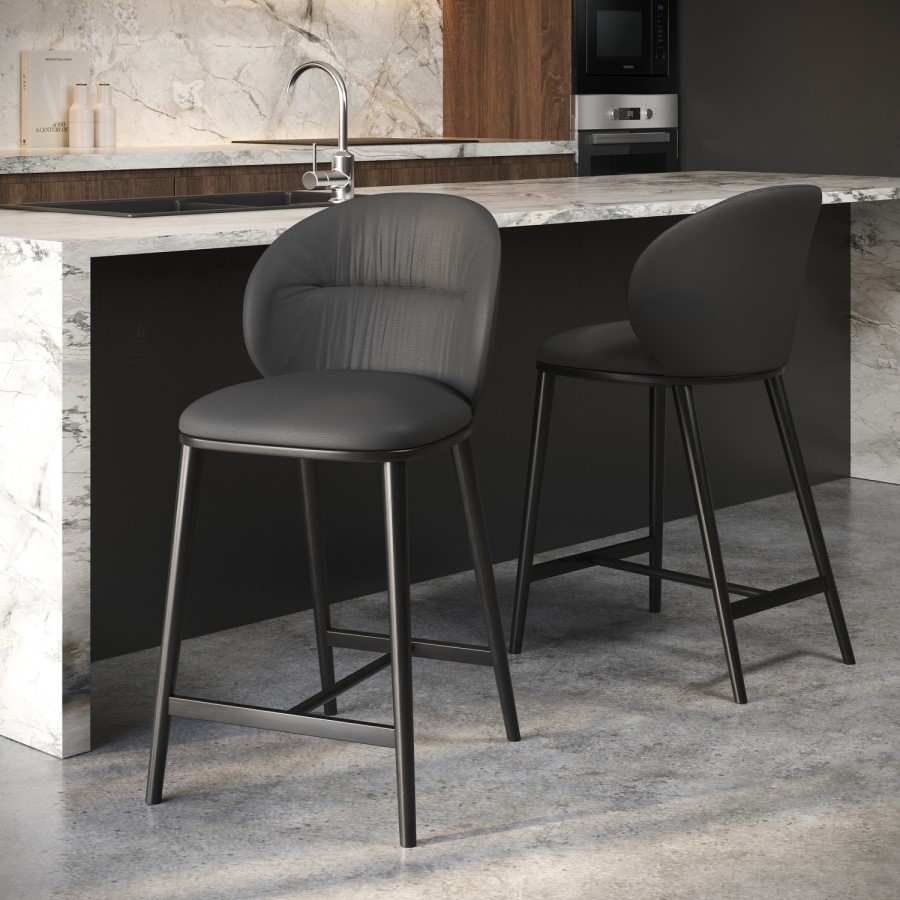 Set of 2 Grey Real Leather Kitchen Stools with Black Legs - Eren