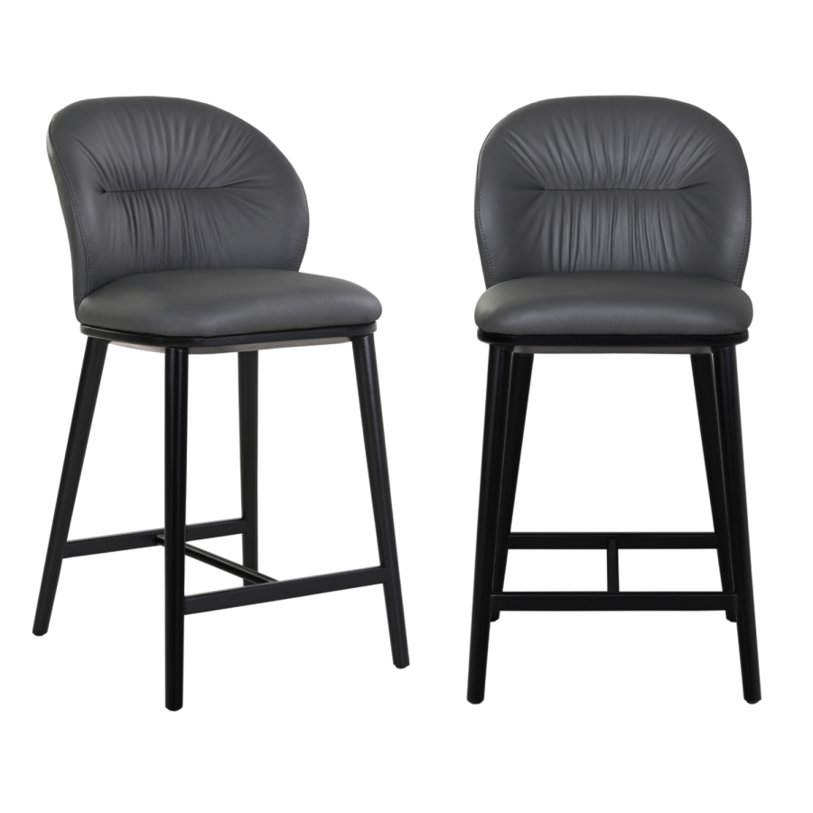 Set of 2 Charcoal Real Leather Kitchen Stools with Black Legs - Eren