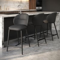 Set of 3 Charcoal Real Leather Kitchen Stools with Black Legs - Eren
