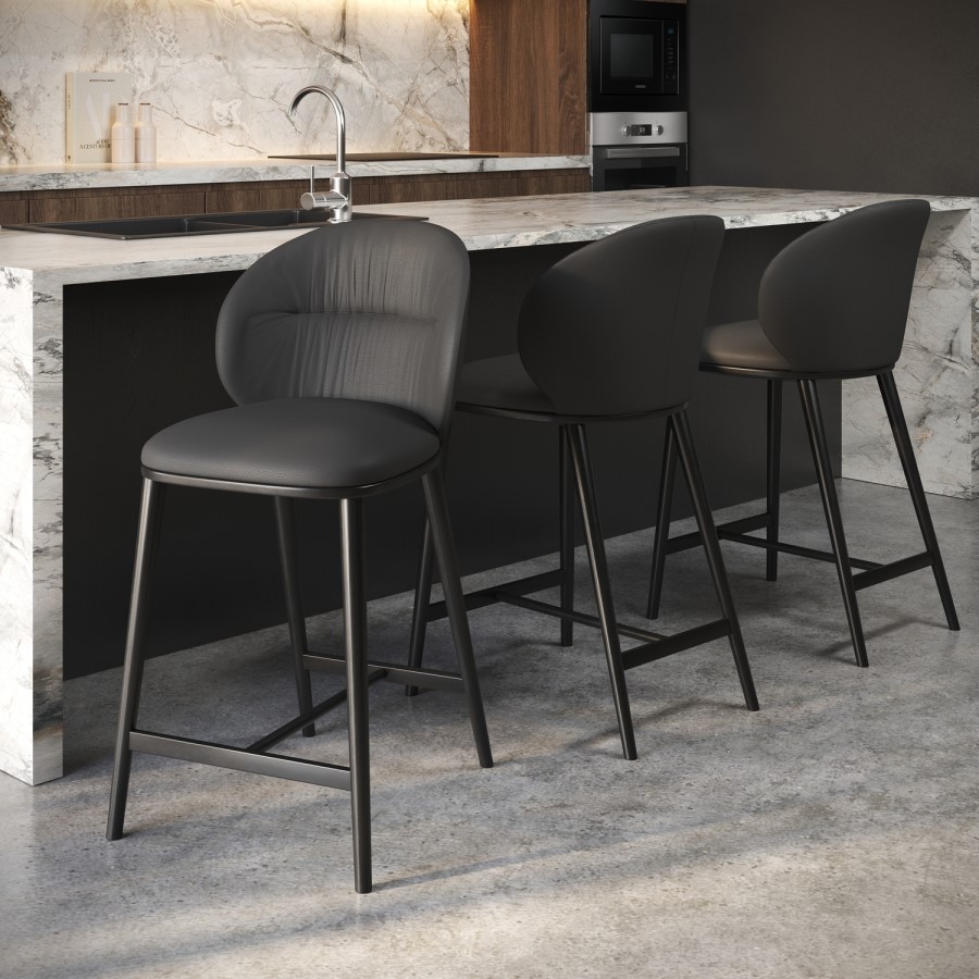 Set of 3 Grey Real Leather Kitchen Stools with Black Legs - Eren