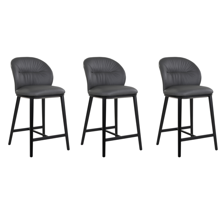 Set of 3 Grey Real Leather Kitchen Stools with Black Legs - Eren