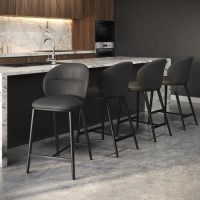 Set of 4 Charcoal Real Leather Kitchen Stools with Black Legs - Eren