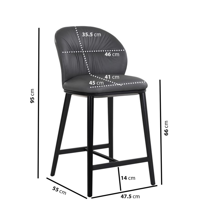 Set of 2 Charcoal Real Leather Kitchen Stools with Black Legs - Eren