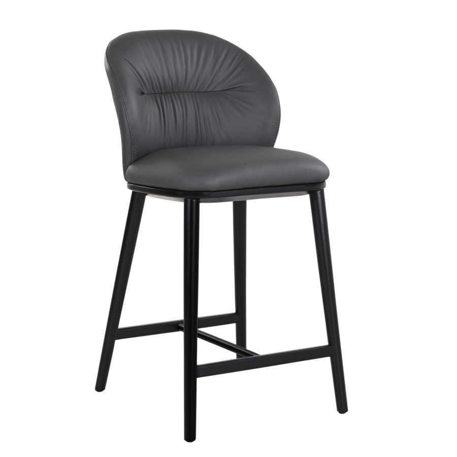 Set of 2 Charcoal Real Leather Kitchen Stools with Black Legs - Eren