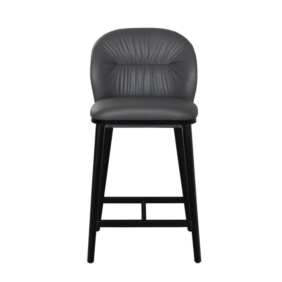Set of 2 Charcoal Real Leather Kitchen Stools with Black Legs - Eren