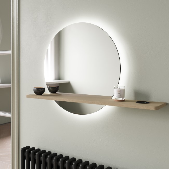 Round LED Mirror with Oak Shelf - 50cm - Ersa