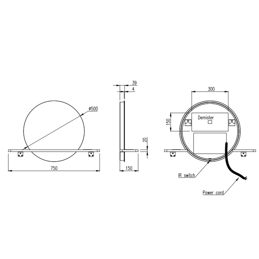 Round LED Mirror with Oak Shelf - 50cm - Ersa