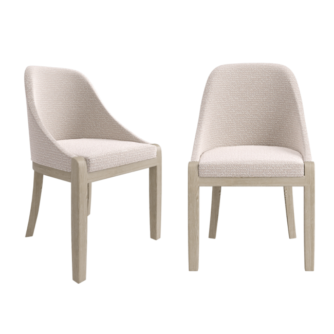 Set of 2 Beige Textured Upholstered Curved Dining Chairs with Wooden Legs - Etta