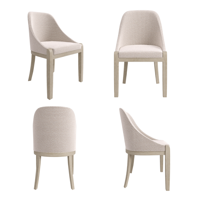 Set of 4 Beige Textured Upholstered Curved Dining Chairs with Wooden Legs- Etta