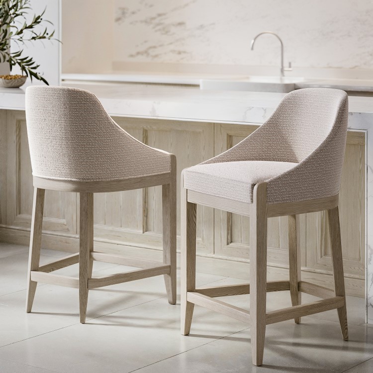 Set of 2 Beige Textured Upholstered Kitchen Stools With Back - Etta