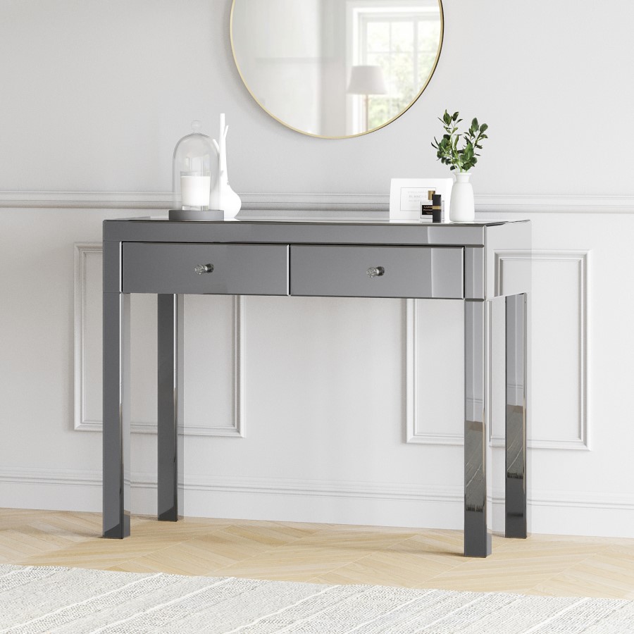 Grey Mirrored 2 Drawer Console Table with Crystal Effect Handles - Eva