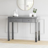 Grey Mirrored 2 Drawer Console Table with Crystal Effect Handles - Eva