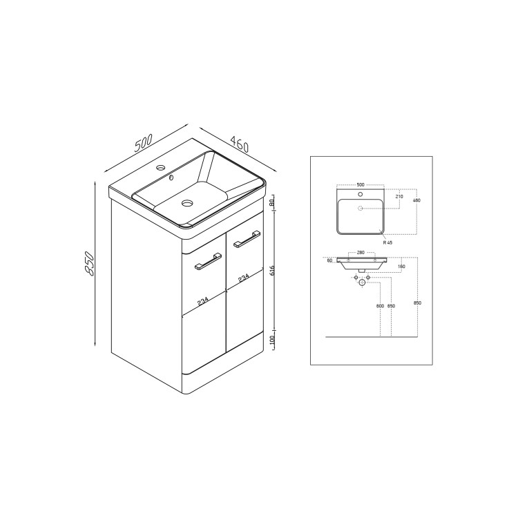 500mm White Freestanding Vanity Unit with Basin - Camborne