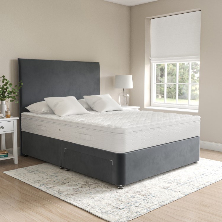 Grey Velvet Double Divan Bed with 2 Drawers and Plain Headboard - Langston