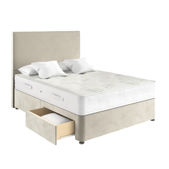 Beige Velvet Double Divan Bed with 2 Drawers and Plain Headboard - Langston