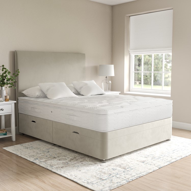 Beige Velvet Double Divan Ottoman Bed with Plain Headboard - Langston