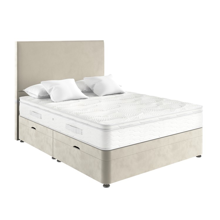 Beige Velvet Double Divan Ottoman Bed with Plain Headboard - Langston