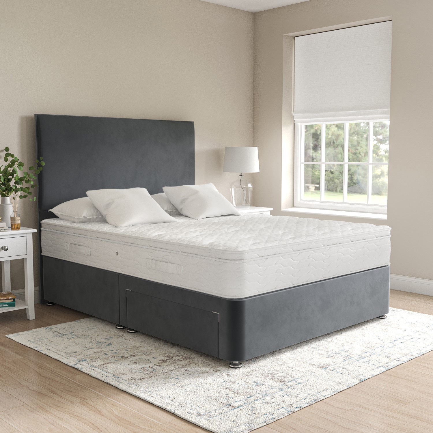 Grey Velvet King Size Divan Bed with 2 Drawers and Plain Headboard ...