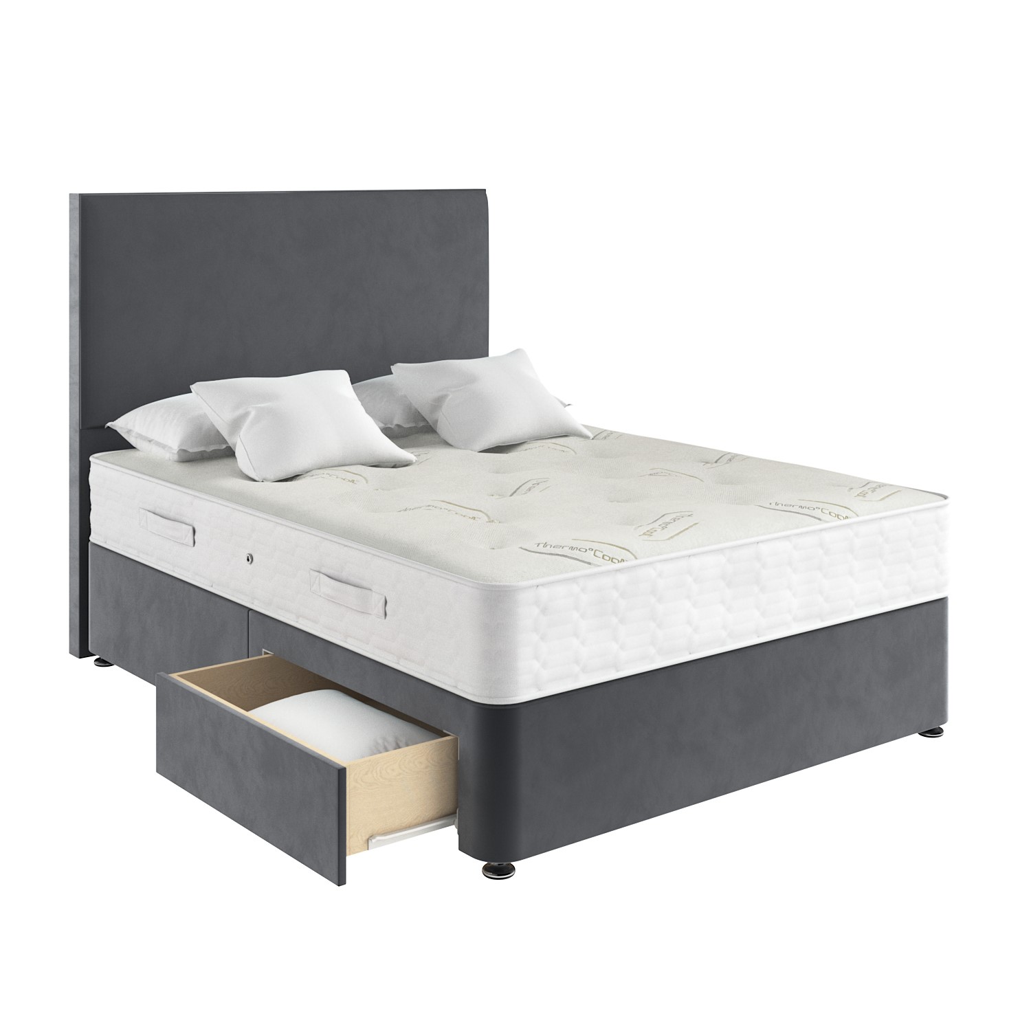 Grey Velvet King Size Divan Bed with 2 Drawers and Plain Headboard