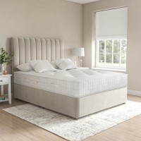 Beige Velvet Divan Bed with Vertical Stripe Headboard - Langston