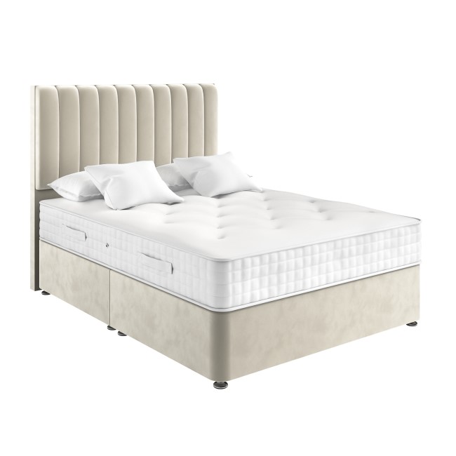 Beige Velvet Divan Bed with Vertical Stripe Headboard - Langston