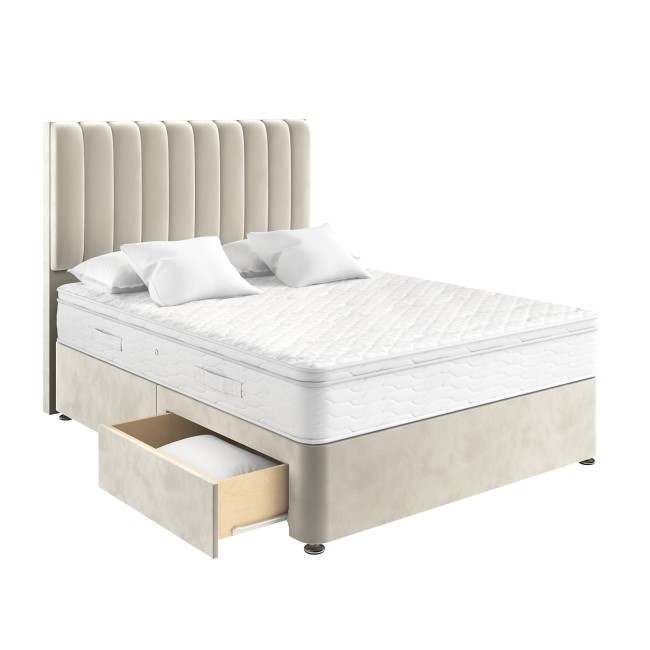 Beige Velvet Small Double Divan Bed with 2 Drawers and Vertical Stripe Headboard - Langston