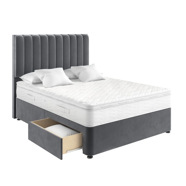 Grey Velvet Double Divan Bed with 2 Drawers and Vertical Stripe Headboard - Langston