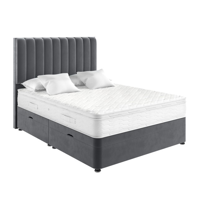 Grey Velvet King Size Divan Ottoman Bed with Vertical Stripe Headboard - Langston