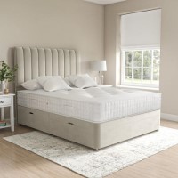 Beige Velvet King Size Divan Ottoman Bed with Vertical Stripe Headboard - Langston