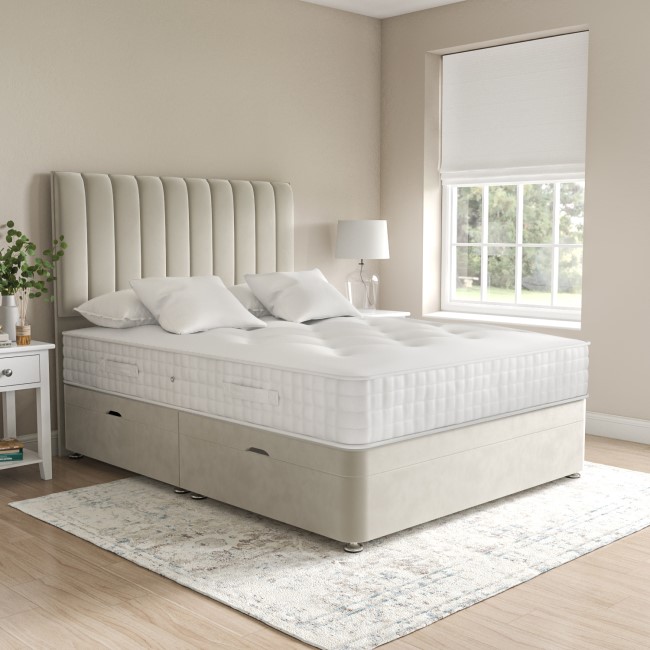 Beige Velvet Super King Divan Ottoman Bed with Vertical Stripe Headboard - Langston