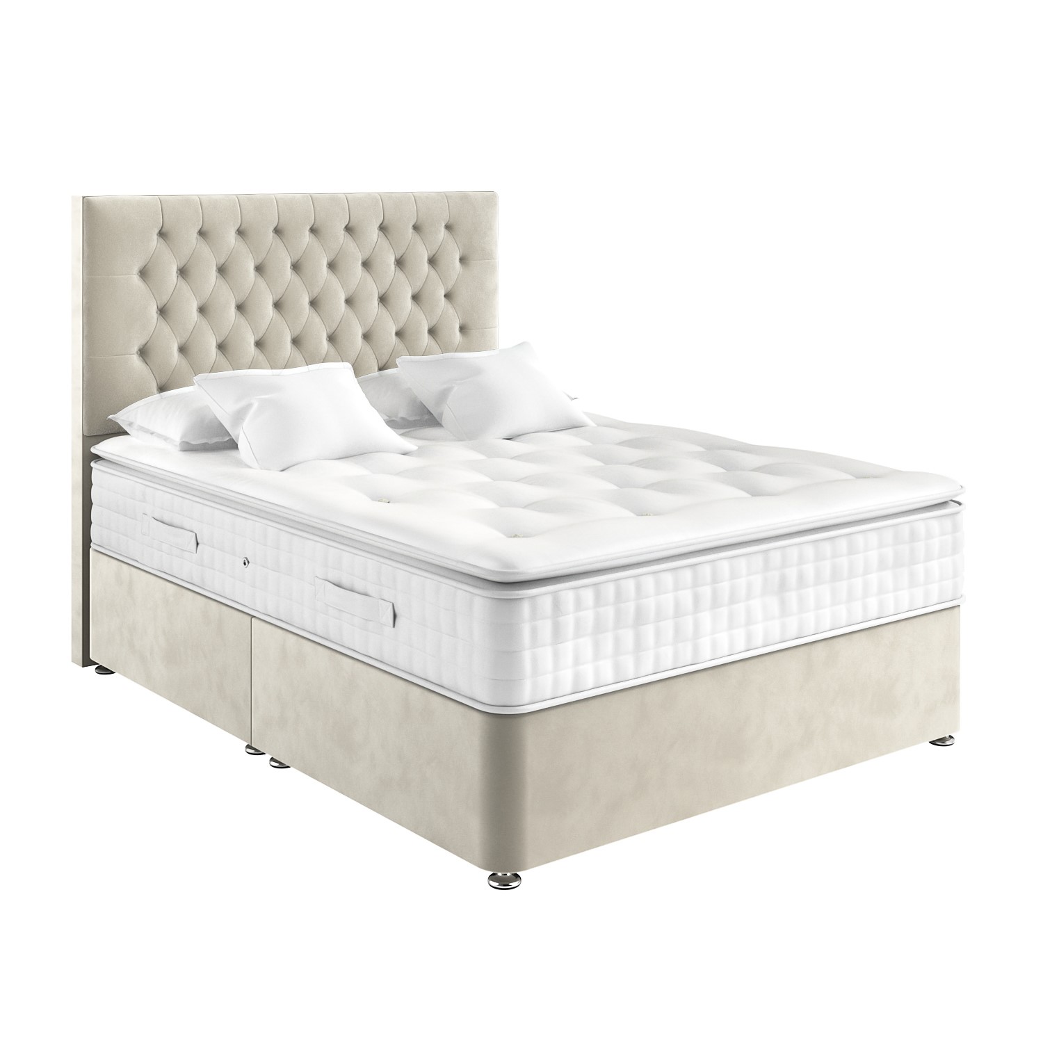 Beige Velvet Single Divan Bed with Chesterfield Headboard - Langston ...