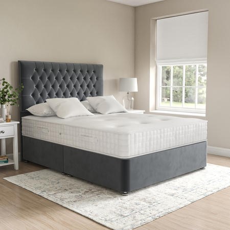 Grey Velvet Double Divan Bed with Chesterfield Headboard - Langston ...