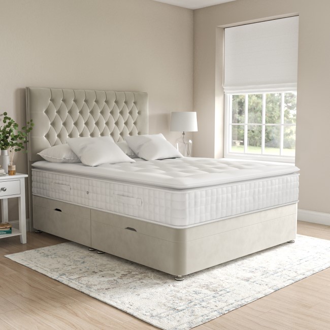 Beige Velvet Double Divan Ottoman Bed with Chesterfield Headboard - Langston