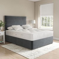 Grey Velvet Small Double Divan Bed with Horizontal Stripe Headboard - Langston Grey Velvet Small Double Divan Bed with Horizontal Stripe Headboard - Langston