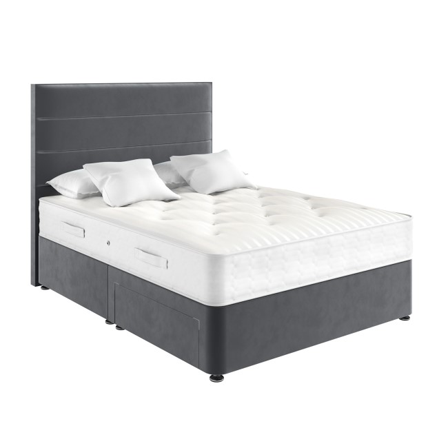 Grey Velvet Small Double Divan Bed with 2 Drawers and Horizontal Stripe Headboard - Langston