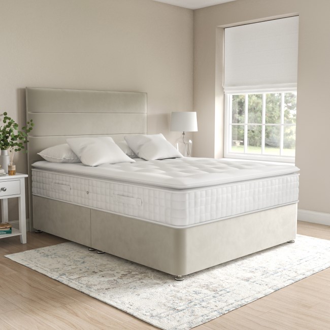 Beige Velvet Double Divan Bed with Horizontal Stripe Headboard - Langston