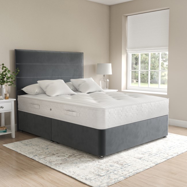 Grey Velvet King Size Divan Bed with Horizontal Stripe Headboard - Langston