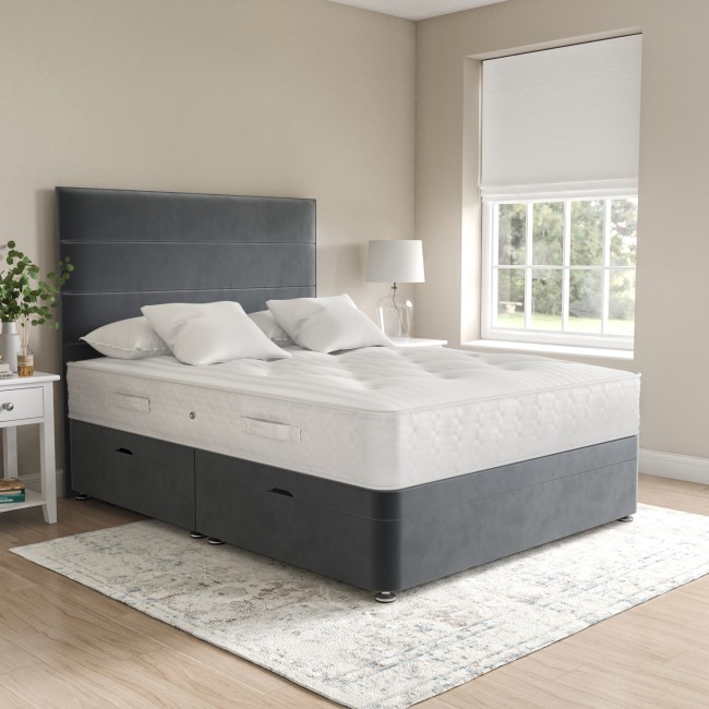 Grey Velvet Super King Divan Ottoman Bed with Horizontal Stripe Headboard - Langston