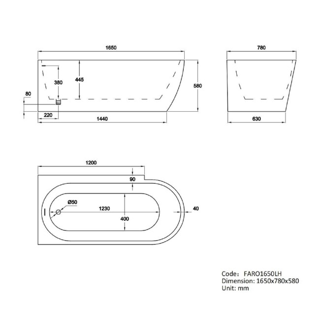 Freestanding Shower Bath Single Ended Left Hand Corner with Chrome Bath Screen 1650 x 780mm - Faro