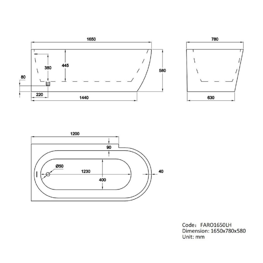 Freestanding Shower Bath Single Ended Left Hand Corner & Brushed Brass Screen 1650 x780 mm - Faro