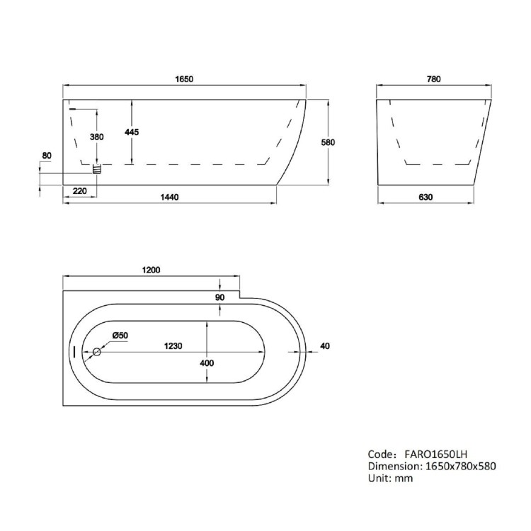 Freestanding Shower Bath Single Ended Left Hand Corner with Black Framed Bath Screen 1650 x 780mm - Faro