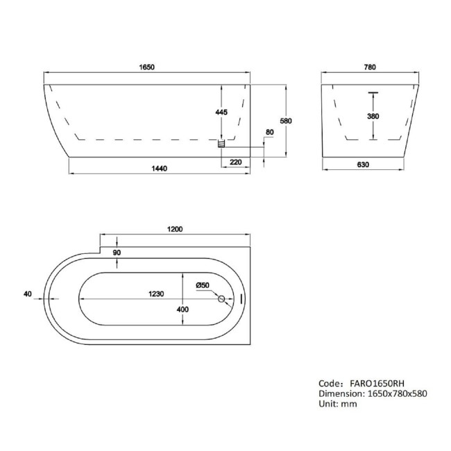 Freestanding Shower Bath Single Ended Right Hand Corner with Chrome Bath Screen 1650 x 780mm - Faro