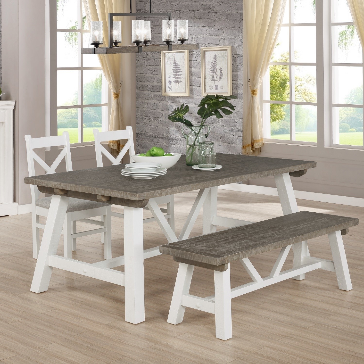 Extendable Wood Dining Table In White Grey Wash With 2 Chairs