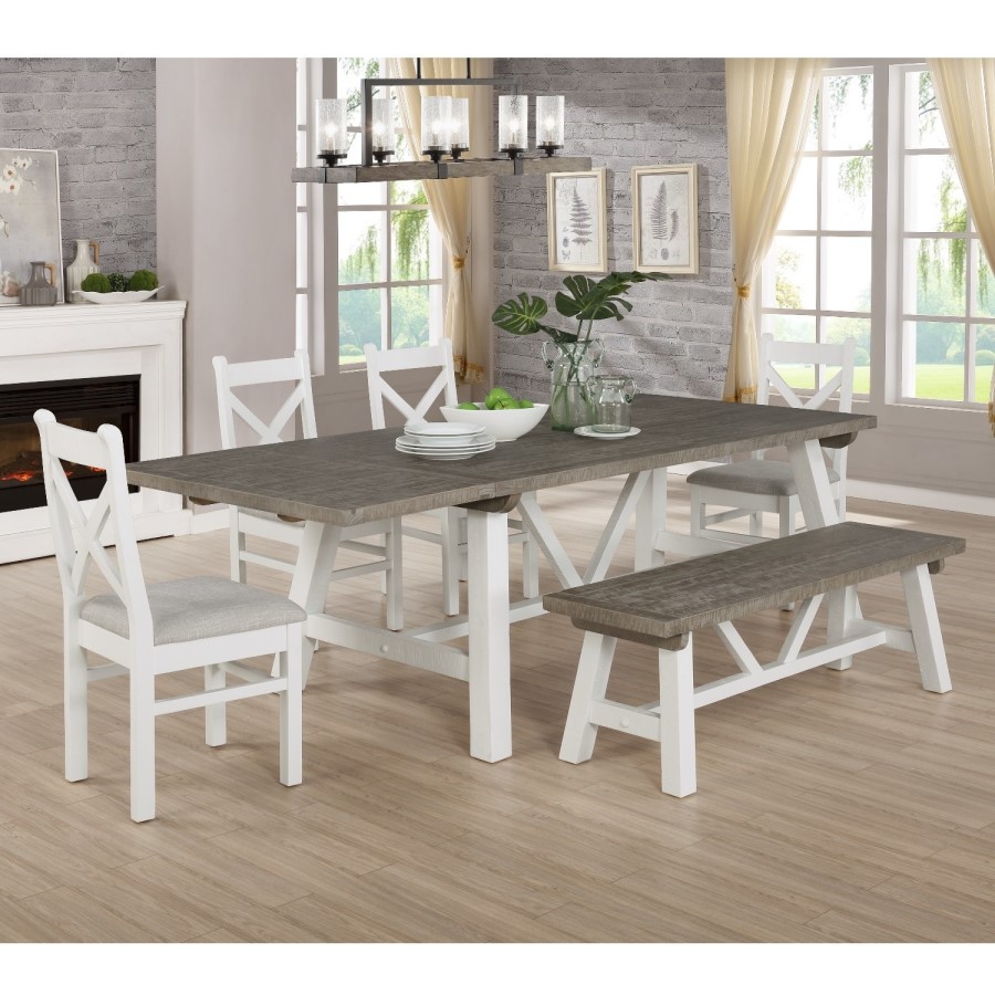 Extendable Wood Dining Table in White & Grey Wash with 4 Chairs & 1 Bench - Fawsley