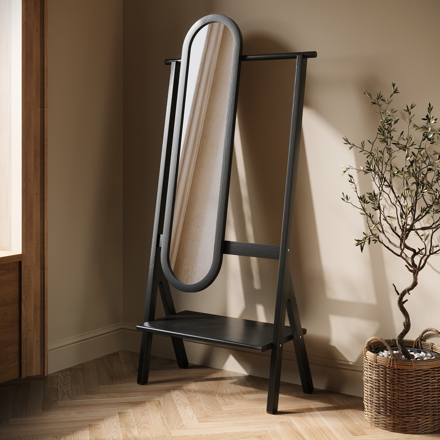 Figo Black Freestanding Full-Length Hall Mirror With Hanging Rail And Shelf
