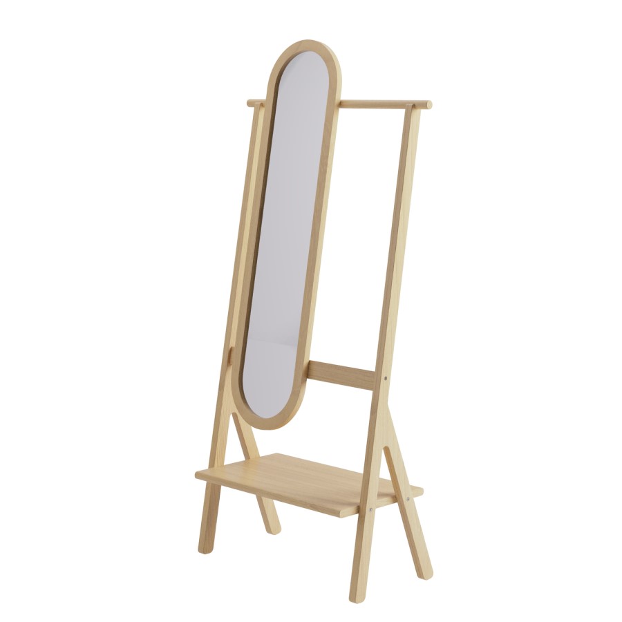 Light Wood Freestanding Full-Length Hall Mirror with Hanging Rail and Shelf - Figo 