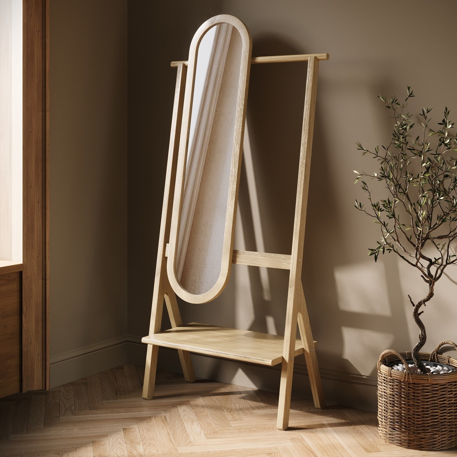Figo Brown Light Wood Freestanding Full-Length Hall Mirror With Hanging Rail And Shelf