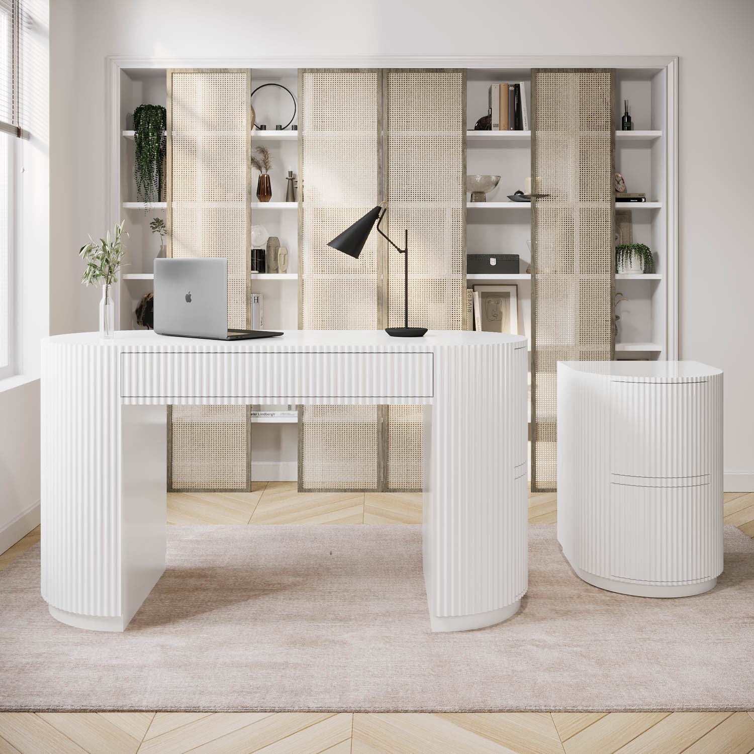 White Ribbed Office Desk and File Cabinet Set - Finn - Furniture123